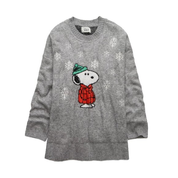 American Eagle AE Whoa So Soft Oversized Snoopy Holiday Sweater Gray sz M Womens - Picture 1 of 6